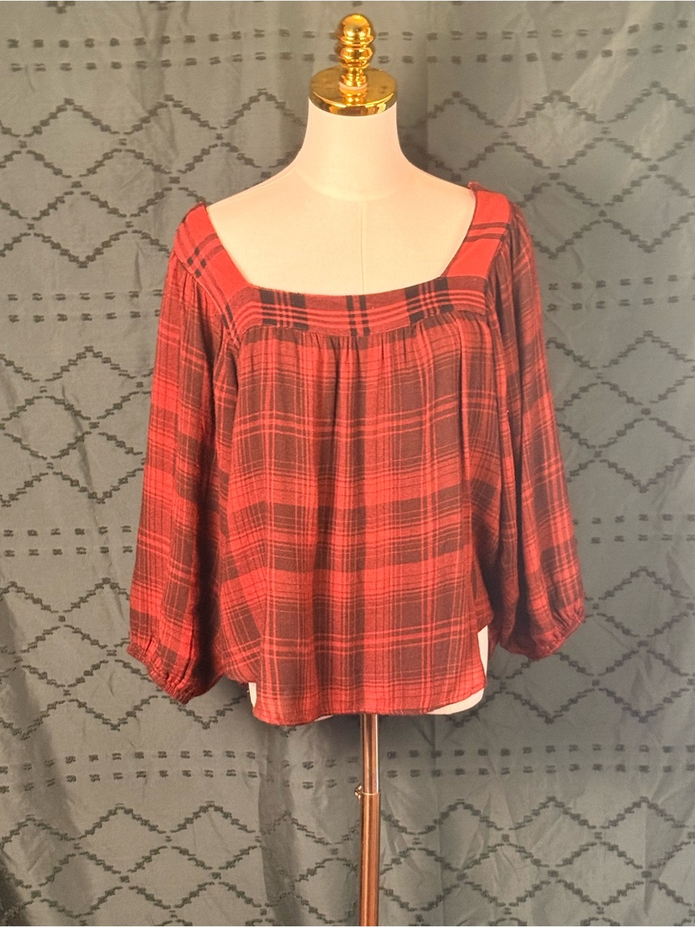River + Sky Red Plaid Square-Neck Peasant Blouse